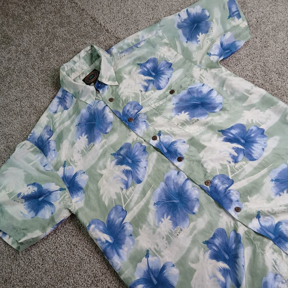 Hawaiian Silk Company Mens Silk Hibiscus Palm Tree Aloha Shirt Green Blue M